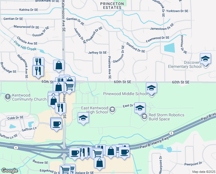 map of restaurants, bars, coffee shops, grocery stores, and more near 6060 Campus Park Drive Southeast in Grand Rapids