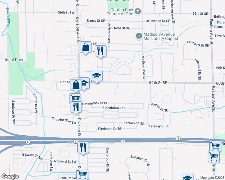 map of restaurants, bars, coffee shops, grocery stores, and more near 240 60th Street Southeast in Grand Rapids