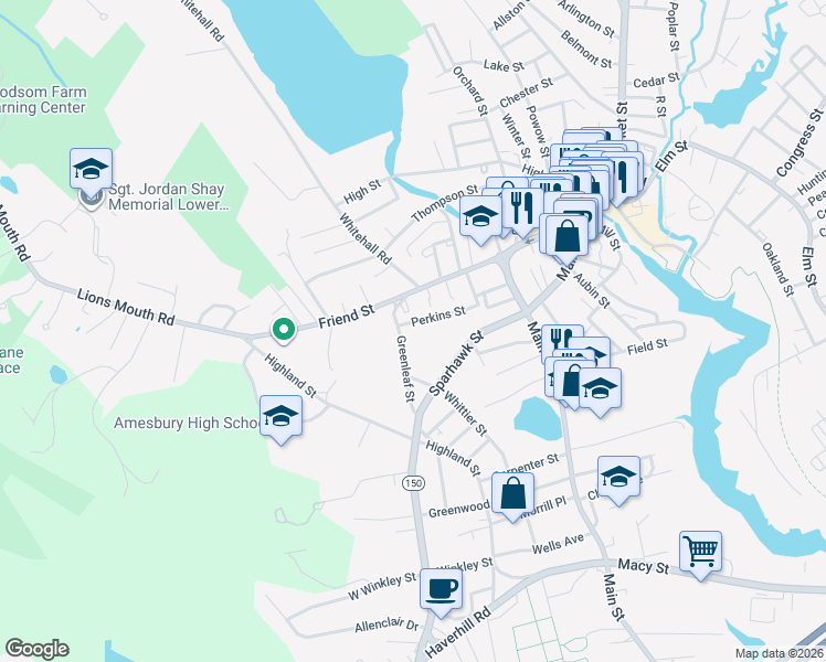 map of restaurants, bars, coffee shops, grocery stores, and more near 10 Greenleaf Street in Amesbury