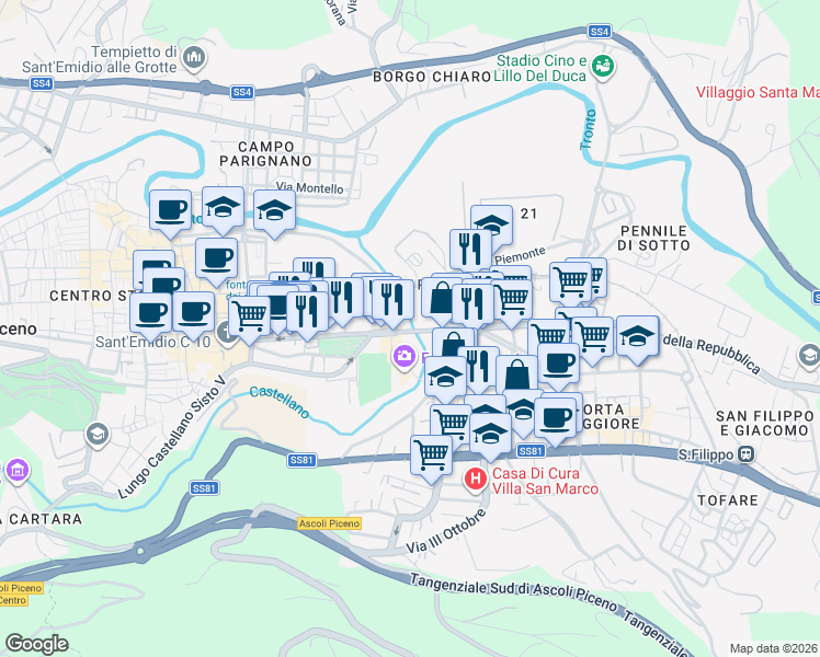 map of restaurants, bars, coffee shops, grocery stores, and more near 2 Via Porta Tufilla in Ascoli Piceno