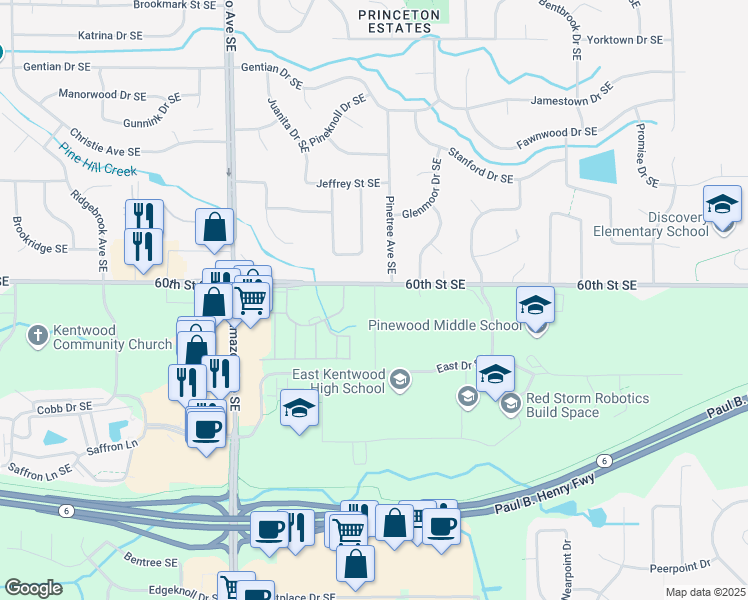 map of restaurants, bars, coffee shops, grocery stores, and more near 6027 Campus Park Drive Southeast in Grand Rapids
