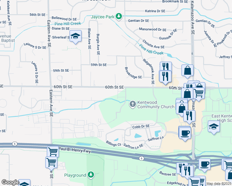 map of restaurants, bars, coffee shops, grocery stores, and more near 1166 60th Street Southeast in Grand Rapids
