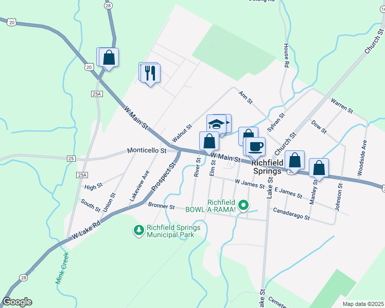 map of restaurants, bars, coffee shops, grocery stores, and more near 72 East Main Street in Richfield
