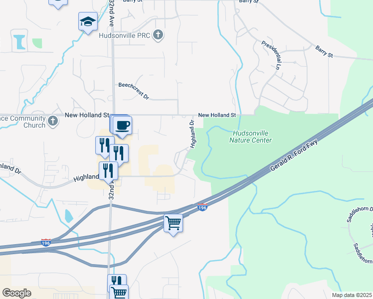 map of restaurants, bars, coffee shops, grocery stores, and more near 2881 Highbrook Drive in Hudsonville