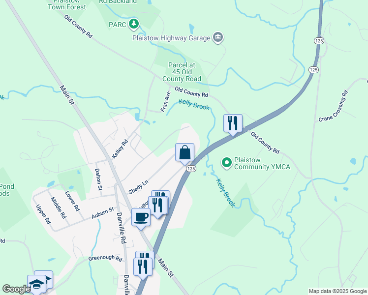 map of restaurants, bars, coffee shops, grocery stores, and more near 19 Shady Lane in Plaistow
