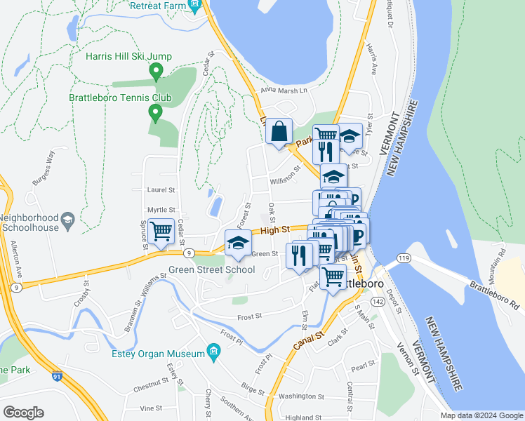 map of restaurants, bars, coffee shops, grocery stores, and more near 145 High Street in Brattleboro