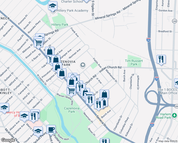map of restaurants, bars, coffee shops, grocery stores, and more near 100 Indian Church Road in Buffalo