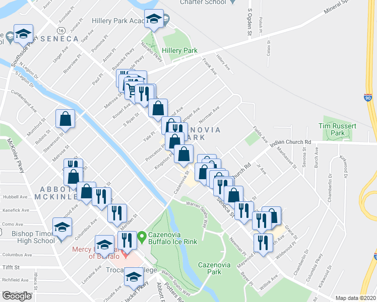 map of restaurants, bars, coffee shops, grocery stores, and more near 2178 Seneca Street in Buffalo