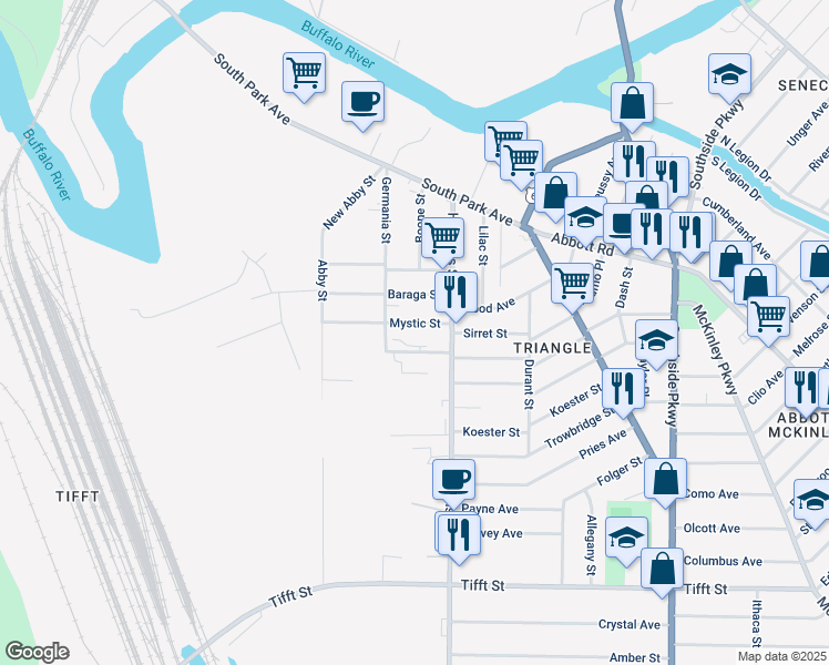 map of restaurants, bars, coffee shops, grocery stores, and more near 67 Beacon Street in Buffalo