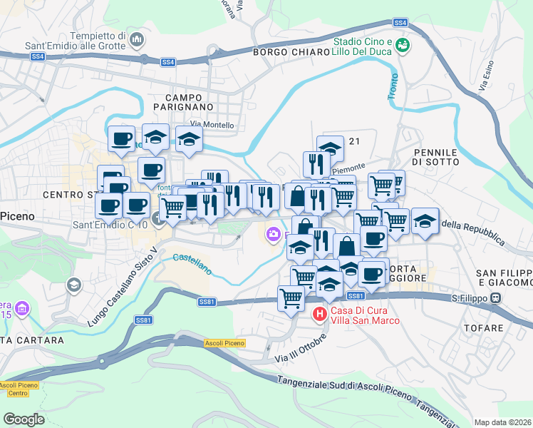 map of restaurants, bars, coffee shops, grocery stores, and more near 2 Via Porta Tufilla in Ascoli Piceno