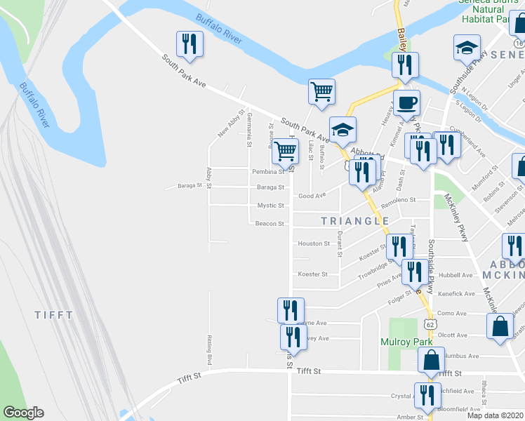map of restaurants, bars, coffee shops, grocery stores, and more near 321 Mystic Street in Buffalo