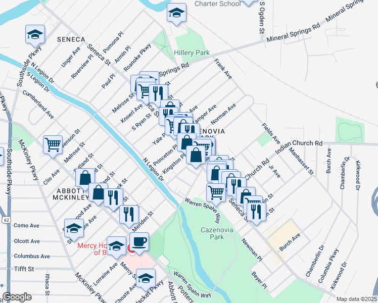 map of restaurants, bars, coffee shops, grocery stores, and more near Seneca St & Kingston Pl in Buffalo