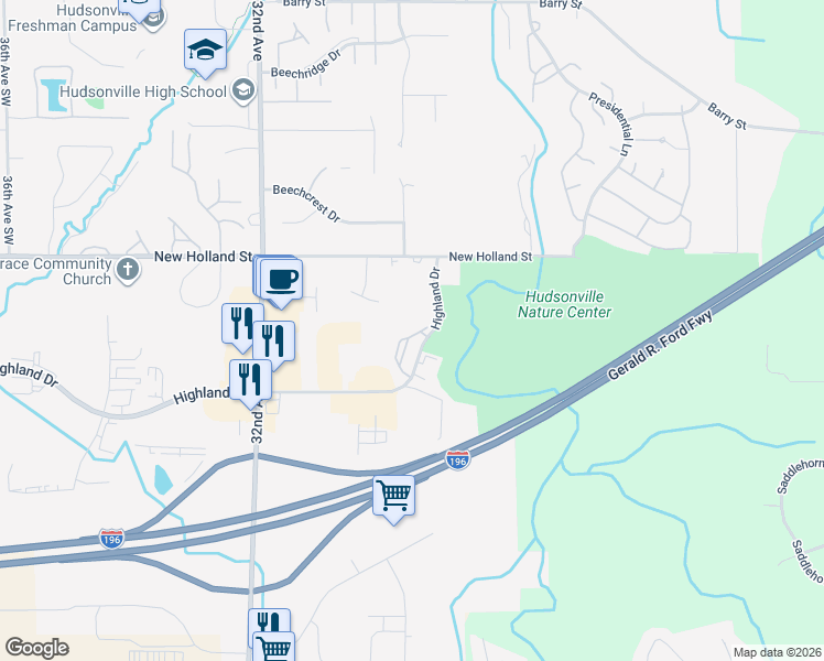 map of restaurants, bars, coffee shops, grocery stores, and more near 2982 Summercrest Lane in Hudsonville