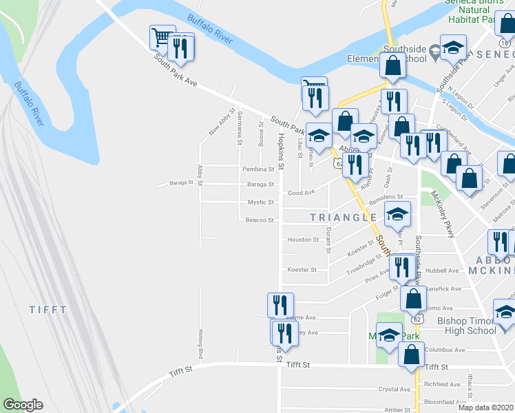 map of restaurants, bars, coffee shops, grocery stores, and more near 331 Mystic Street in Buffalo