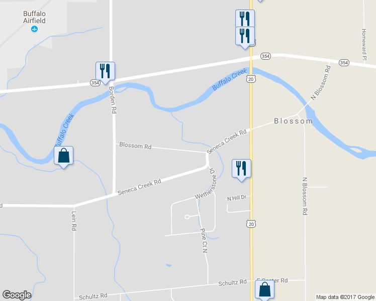 map of restaurants, bars, coffee shops, grocery stores, and more near 176 Blossom Road in Buffalo