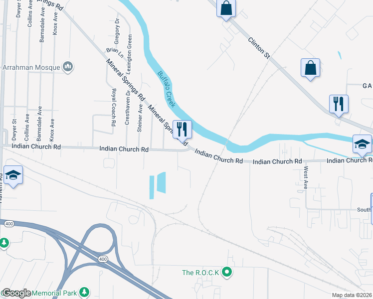 map of restaurants, bars, coffee shops, grocery stores, and more near 1280 Mineral Springs Road in Buffalo