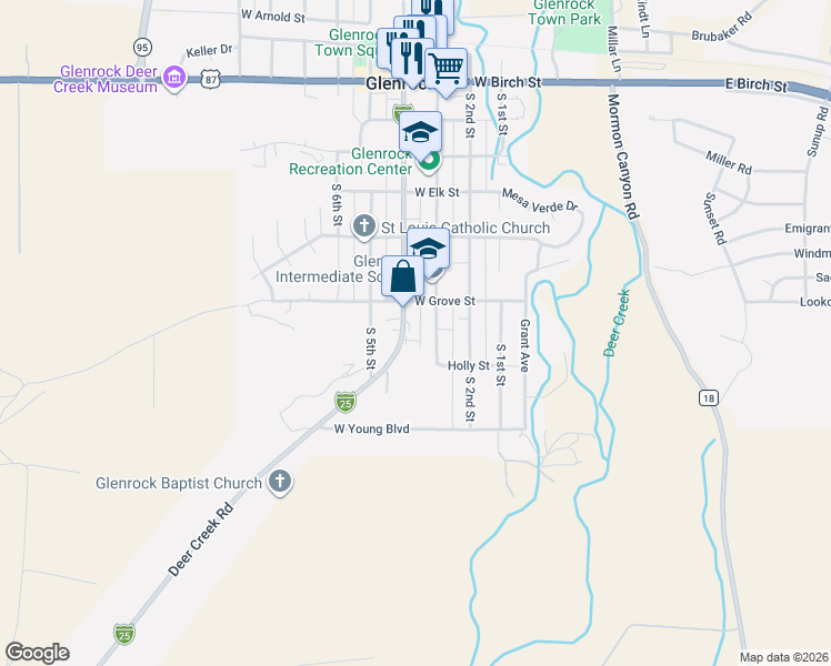 map of restaurants, bars, coffee shops, grocery stores, and more near 307-399 West Grove Street in Glenrock