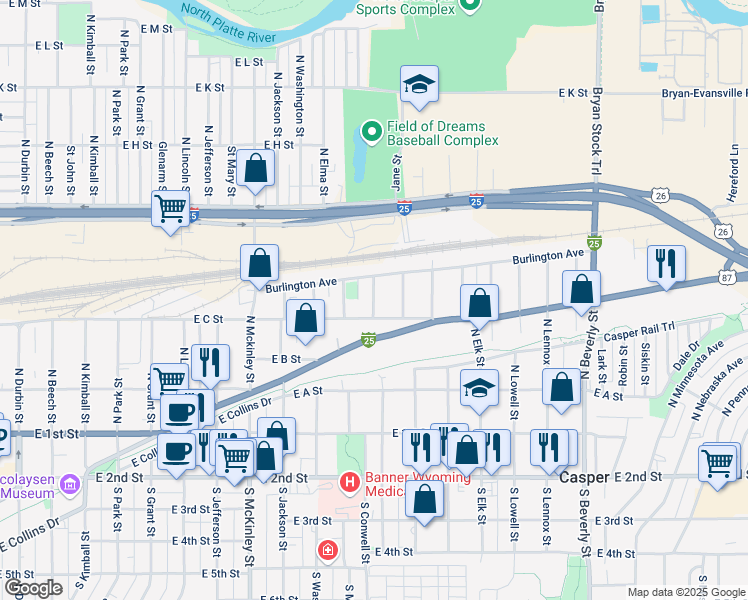 map of restaurants, bars, coffee shops, grocery stores, and more near 1410 Burlington Avenue in Casper