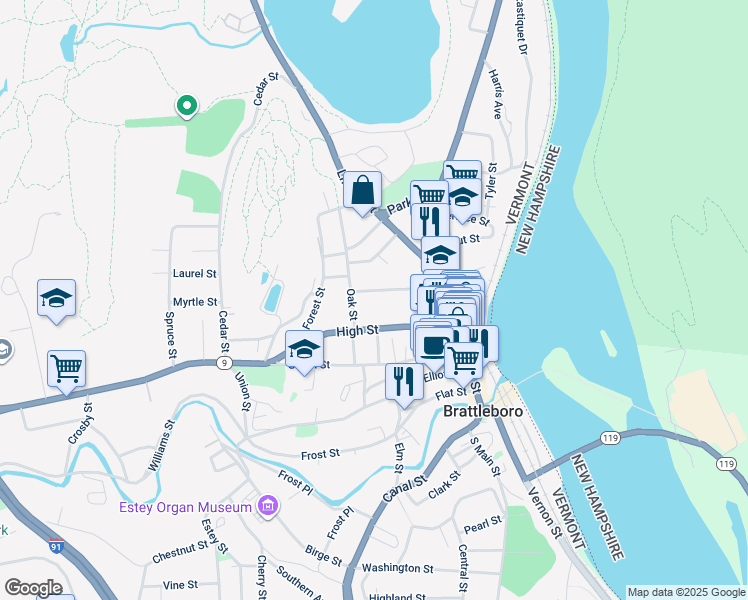 map of restaurants, bars, coffee shops, grocery stores, and more near 61 Oak Street in Brattleboro