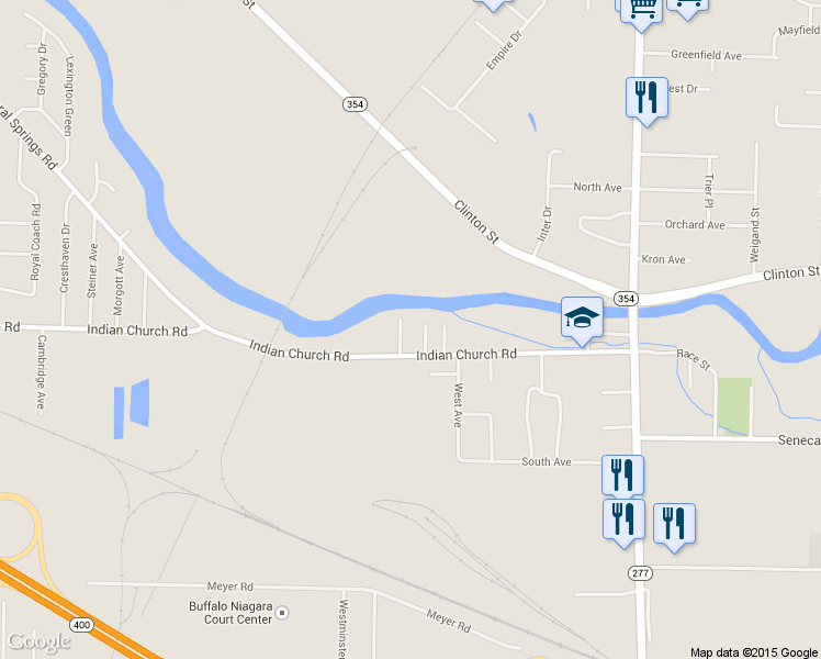 map of restaurants, bars, coffee shops, grocery stores, and more near 1158 Indian Church Road in Buffalo