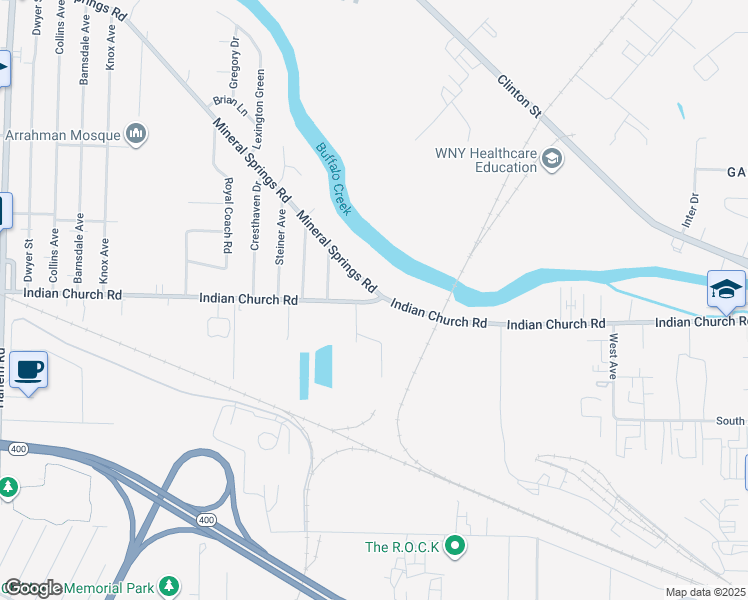 map of restaurants, bars, coffee shops, grocery stores, and more near 1280 Mineral Springs Road in Buffalo