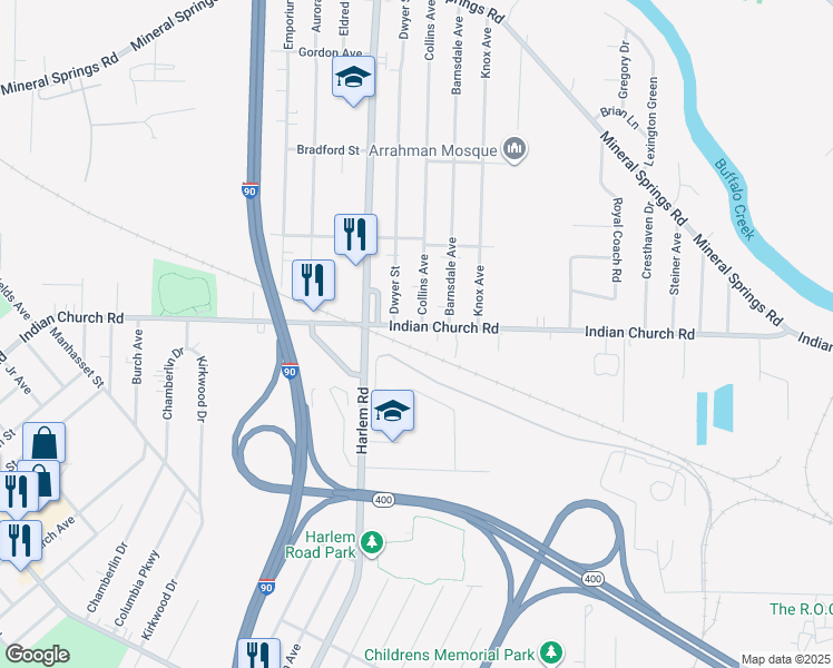 map of restaurants, bars, coffee shops, grocery stores, and more near 18 Collins Avenue in Buffalo