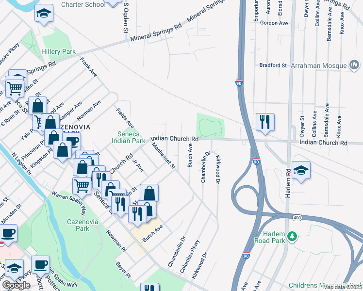 map of restaurants, bars, coffee shops, grocery stores, and more near 218 Indian Church Road in West Seneca