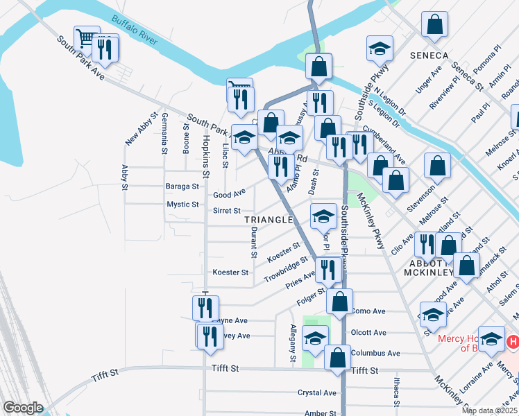 map of restaurants, bars, coffee shops, grocery stores, and more near 71 Good Avenue in Buffalo