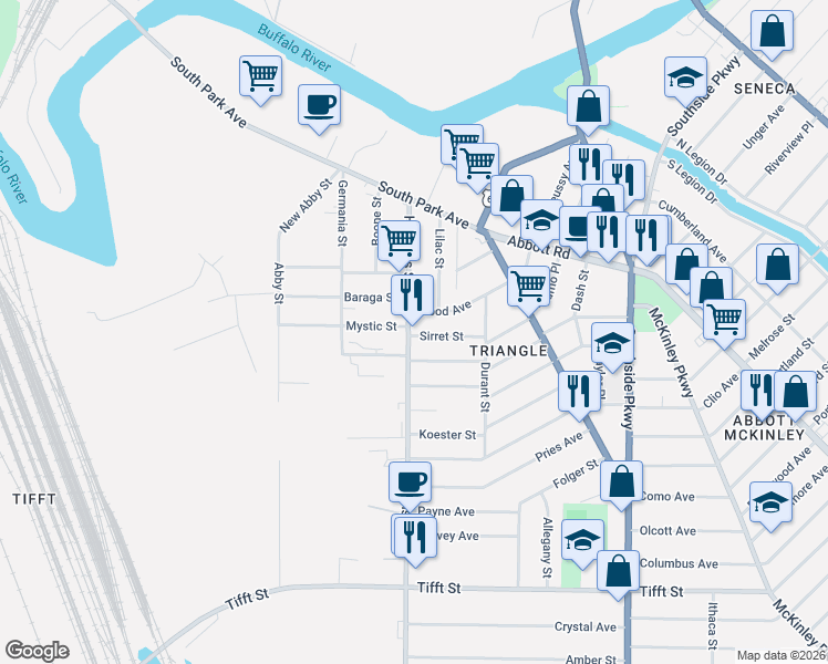map of restaurants, bars, coffee shops, grocery stores, and more near 615 Hopkins Street in Buffalo