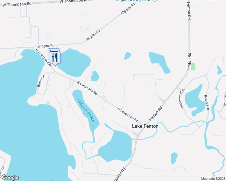 map of restaurants, bars, coffee shops, grocery stores, and more near 1488 North Long Lake Road in Fenton