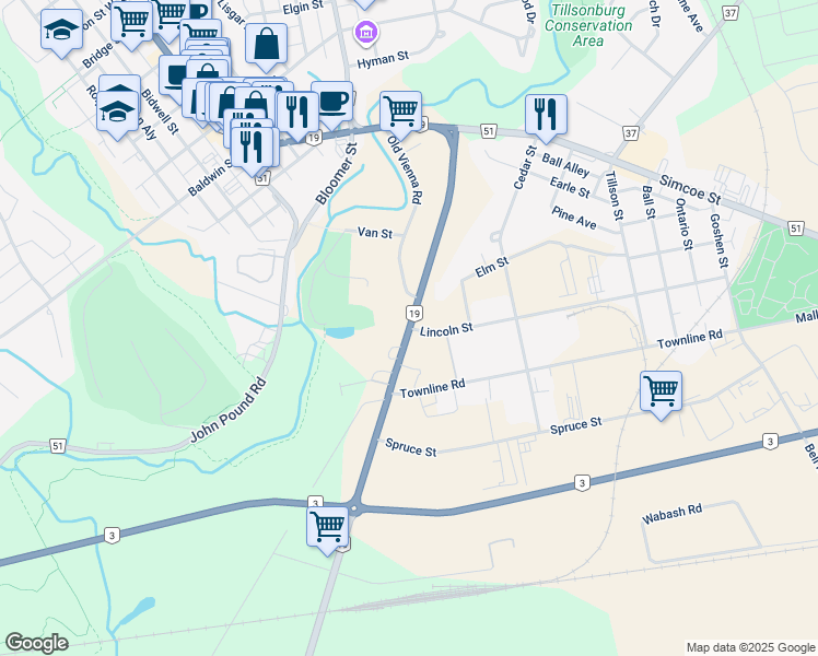 map of restaurants, bars, coffee shops, grocery stores, and more near 51 Vienna Road in Tillsonburg