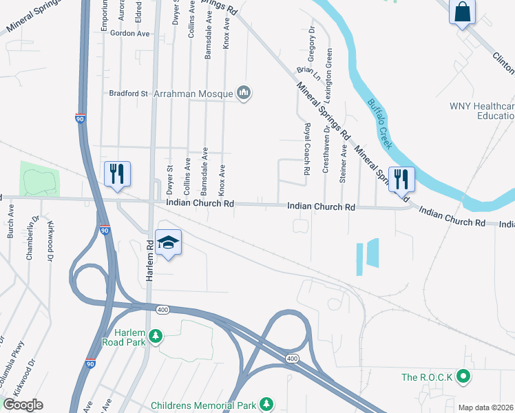 map of restaurants, bars, coffee shops, grocery stores, and more near 676 Indian Church Road in Buffalo