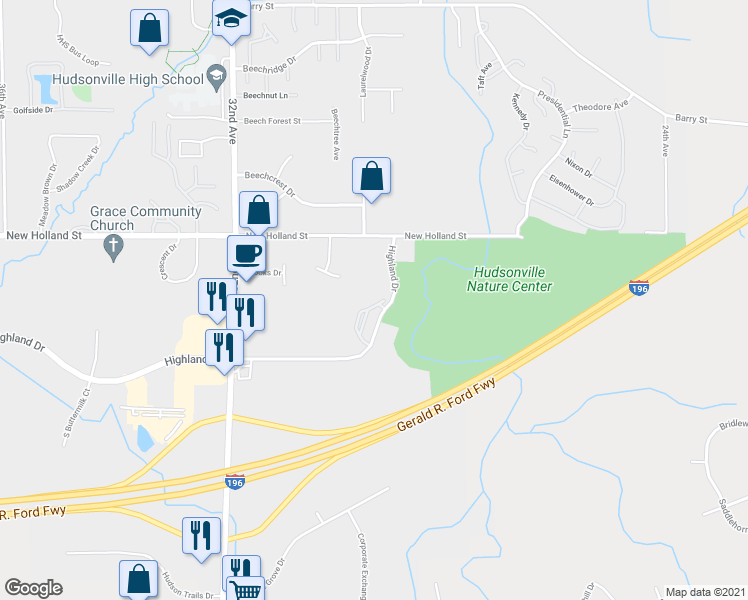 map of restaurants, bars, coffee shops, grocery stores, and more near 2971 Highbrook Drive in Hudsonville