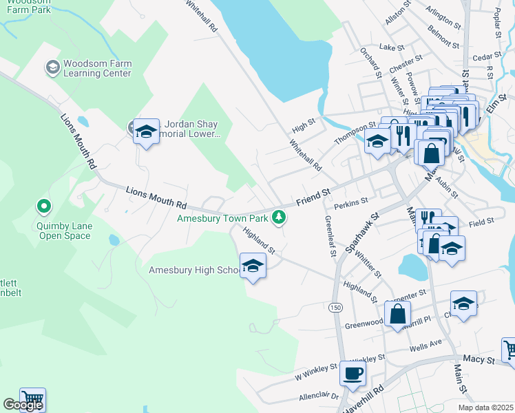 map of restaurants, bars, coffee shops, grocery stores, and more near 2 Carriage Hill Road in Amesbury