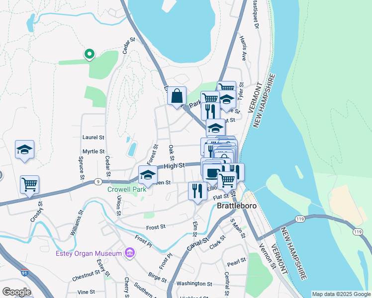 map of restaurants, bars, coffee shops, grocery stores, and more near 61 Oak Street in Brattleboro