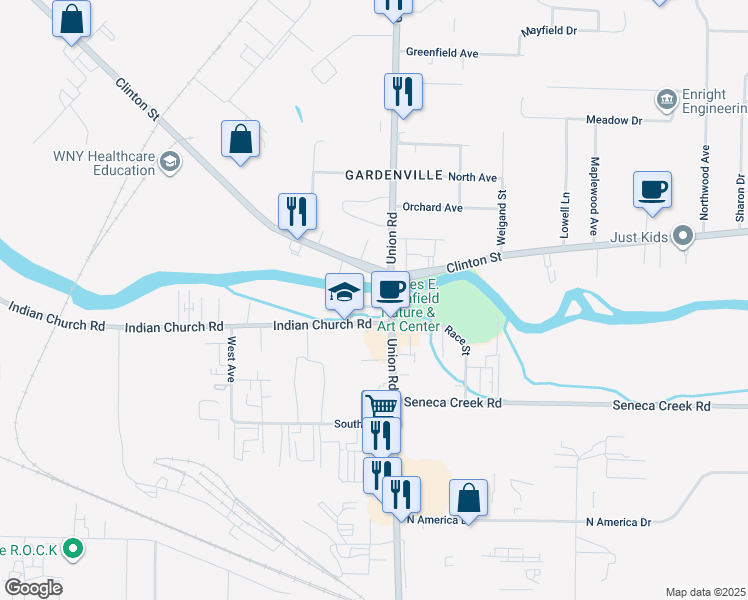 map of restaurants, bars, coffee shops, grocery stores, and more near 3457 Clinton Street in Buffalo