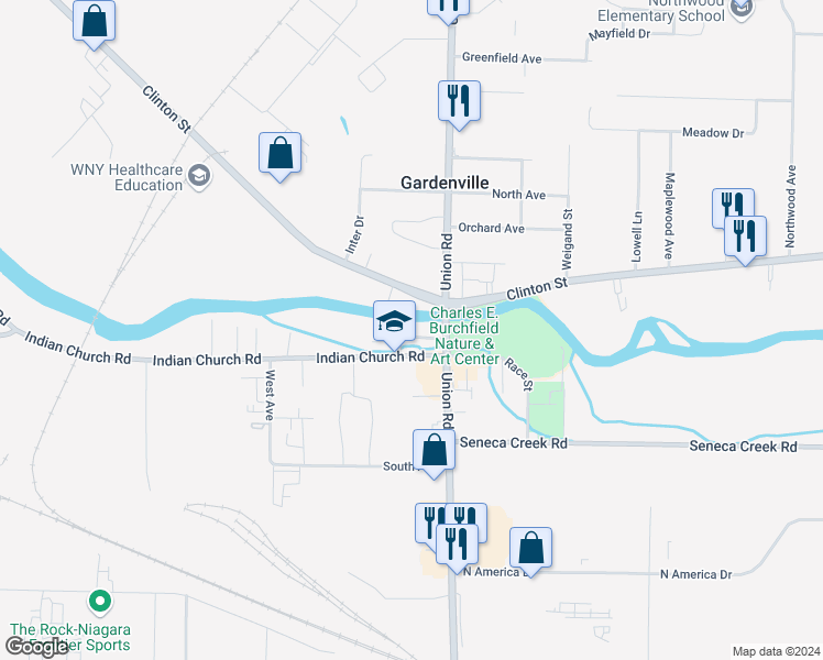 map of restaurants, bars, coffee shops, grocery stores, and more near 3457 Clinton Street in Buffalo
