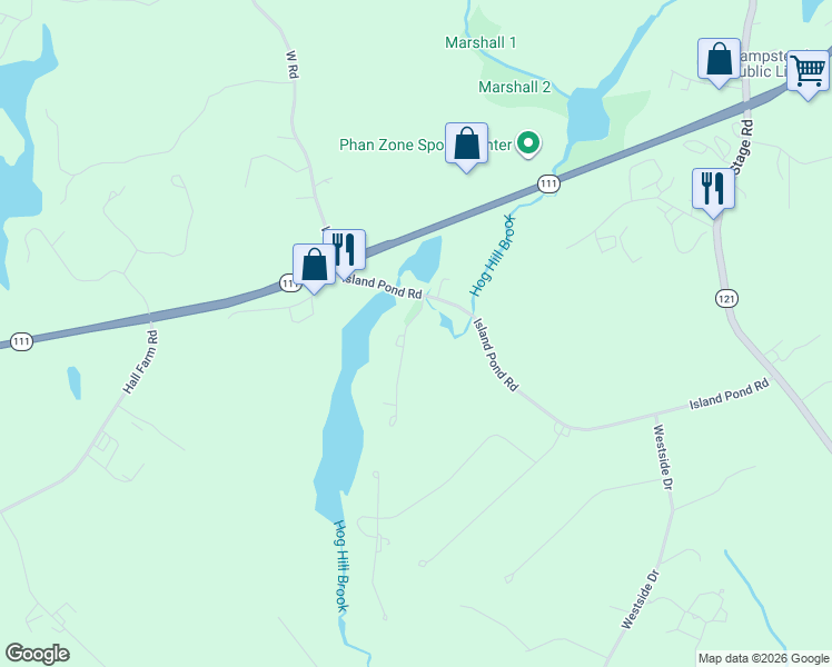 map of restaurants, bars, coffee shops, grocery stores, and more near 49 Island Pond Road in Atkinson