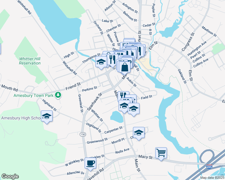 map of restaurants, bars, coffee shops, grocery stores, and more near 159 Main Street in Amesbury