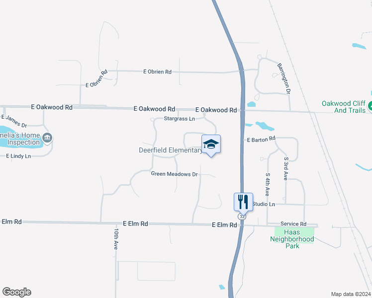 map of restaurants, bars, coffee shops, grocery stores, and more near East Bluestem Drive in Oak Creek