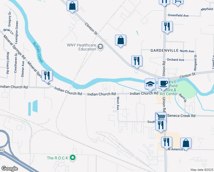 map of restaurants, bars, coffee shops, grocery stores, and more near 1158 Indian Church Road in Buffalo