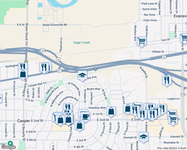 map of restaurants, bars, coffee shops, grocery stores, and more near 3064 Gary Avenue in Casper