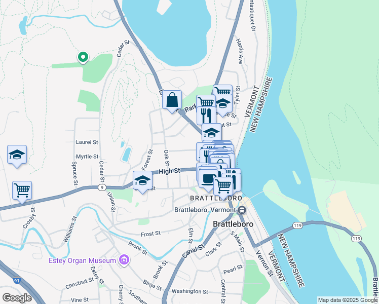 map of restaurants, bars, coffee shops, grocery stores, and more near 45 Grove Street in Brattleboro