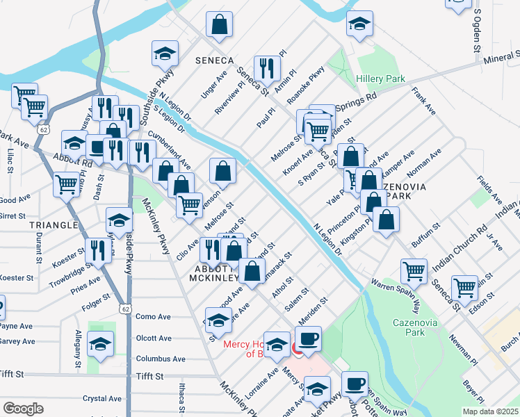 map of restaurants, bars, coffee shops, grocery stores, and more near 102 Rutland Street in Buffalo
