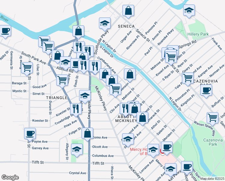 map of restaurants, bars, coffee shops, grocery stores, and more near 18 Robins Street in Buffalo
