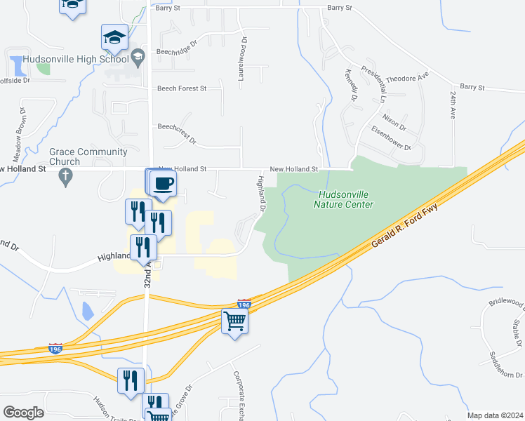 map of restaurants, bars, coffee shops, grocery stores, and more near 2971 Highbrook Drive in Hudsonville