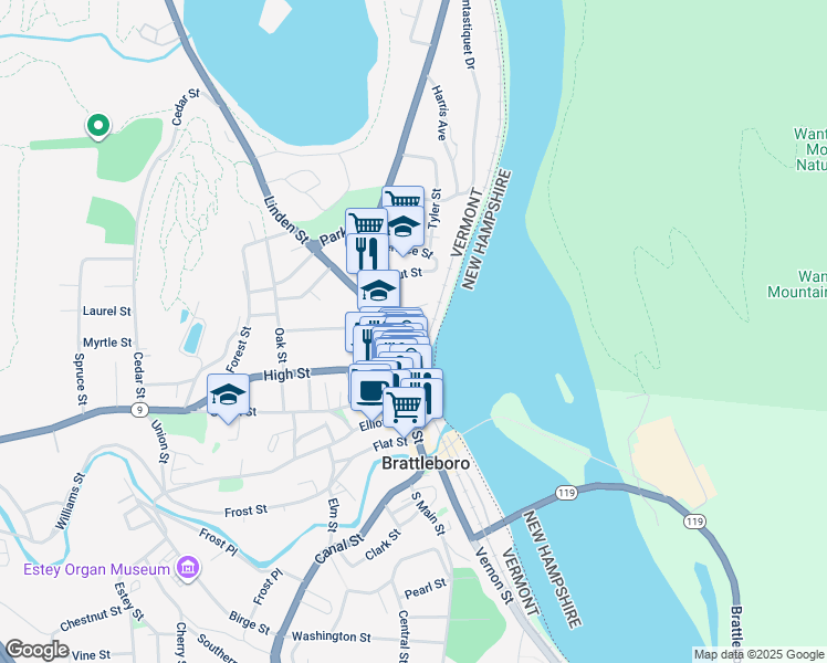 map of restaurants, bars, coffee shops, grocery stores, and more near 48 Harris Place in Brattleboro