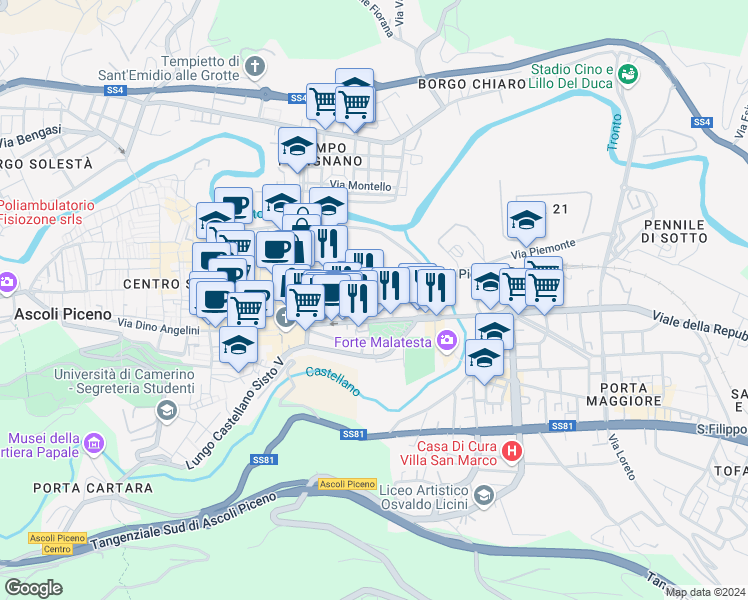 map of restaurants, bars, coffee shops, grocery stores, and more near 2 Via Pietro Alamanni in Ascoli Piceno