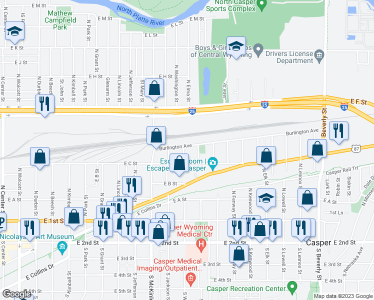 map of restaurants, bars, coffee shops, grocery stores, and more near 447 North Washington Street in Casper