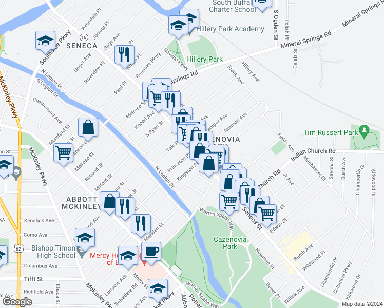 map of restaurants, bars, coffee shops, grocery stores, and more near 2111 Seneca Street in Buffalo